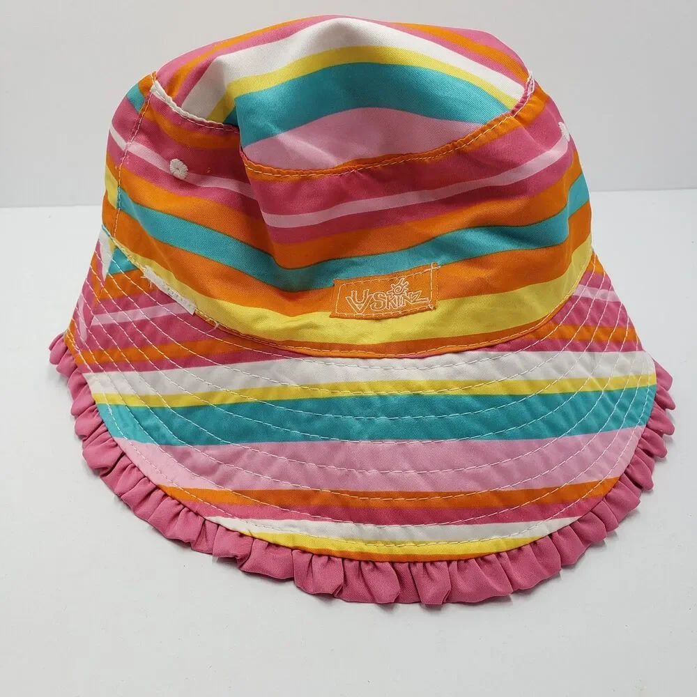 UV Skinz Girls Reversible Bucket Hat Colorful Stripe Pink Ruffle Brim Sun UPF 50